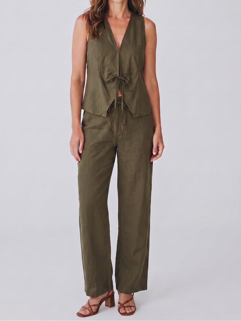 OGL Olive Green Linen Lyocell Matching Set Wide Leg Pants Vest Coastal Size S